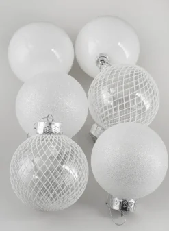 5in Round White Plastic Ornament Assortment, Set of 6