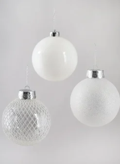 5in Round White Plastic Ornament Assortment, Set of 6