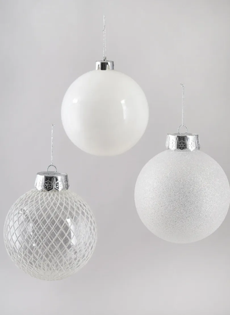 5in Round White Plastic Ornament Assortment, Set of 6