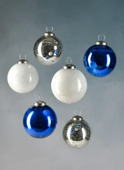 3in Round White Silver & Blue Plastic Ornament Balls with Silver Hook, Set of 6