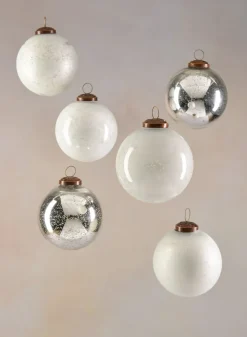 4in Round White & Silver Vintage Glass Ornaments, Set of 6