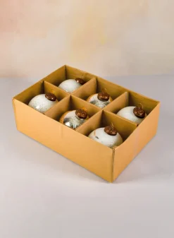 4in Round White & Silver Vintage Glass Ornaments, Set of 6