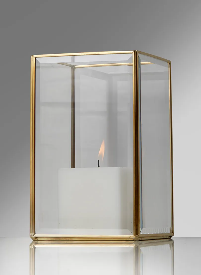 8in Square Beveled Glass Gold Hurricane