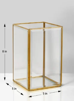 8in Square Beveled Glass Gold Hurricane