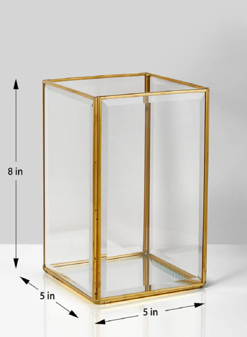 8in Square Beveled Glass Gold Hurricane