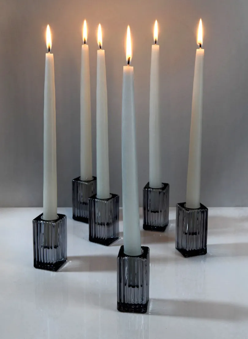 3in Square Smoke Fluted Glass Candlestick, Set of 6
