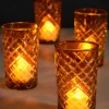4.5in Tall Almira Amber Cut Glass Squares Votive Holder, Set of 4
