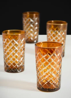 4.5in Tall Almira Amber Cut Glass Squares Votive Holder, Set of 4