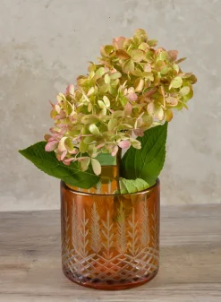 4in Tall Almira Palm Amber Cut Work Cylinder Glass Candleholder
