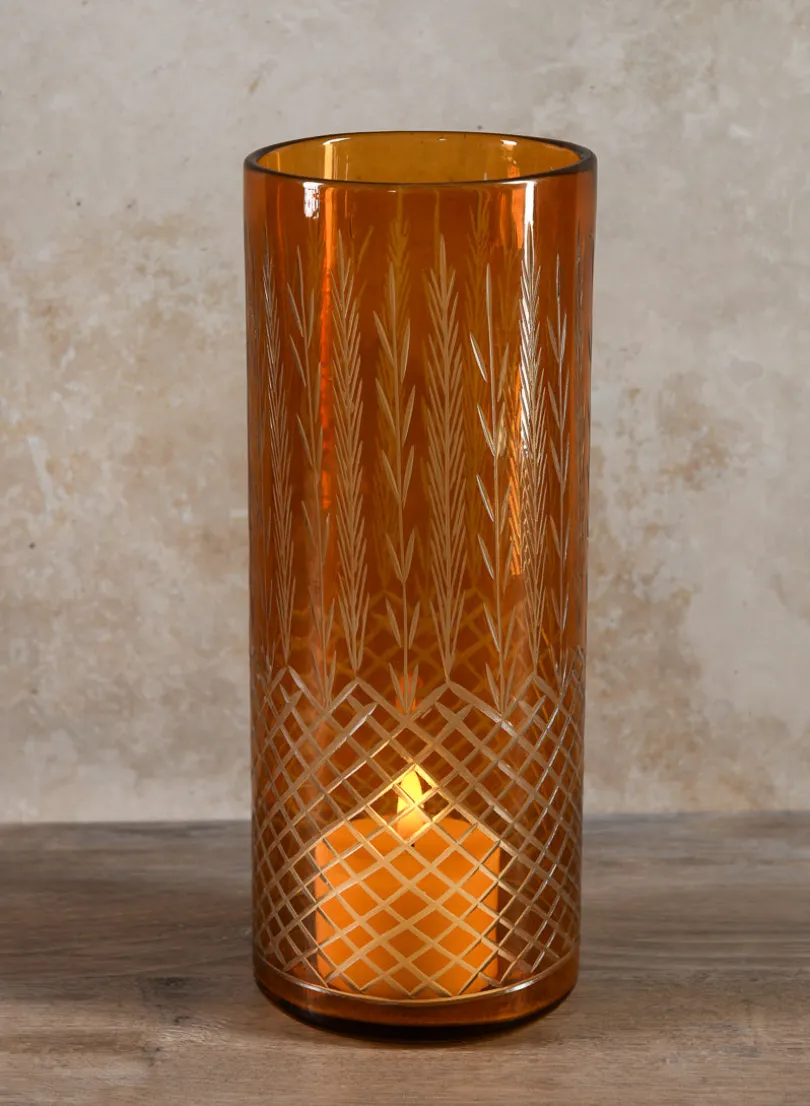 10in Tall Almira Palm Amber Cut Work Cylinder Glass Vase