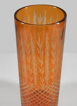 10in Tall Almira Palm Amber Cut Work Cylinder Glass Vase