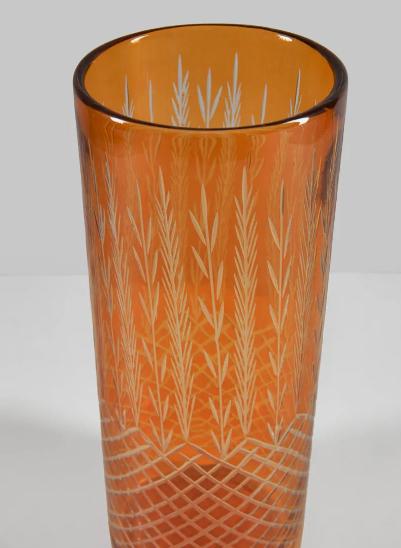 10in Tall Almira Palm Amber Cut Work Cylinder Glass Vase