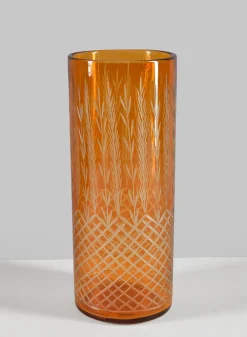 10in Tall Almira Palm Amber Cut Work Cylinder Glass Vase