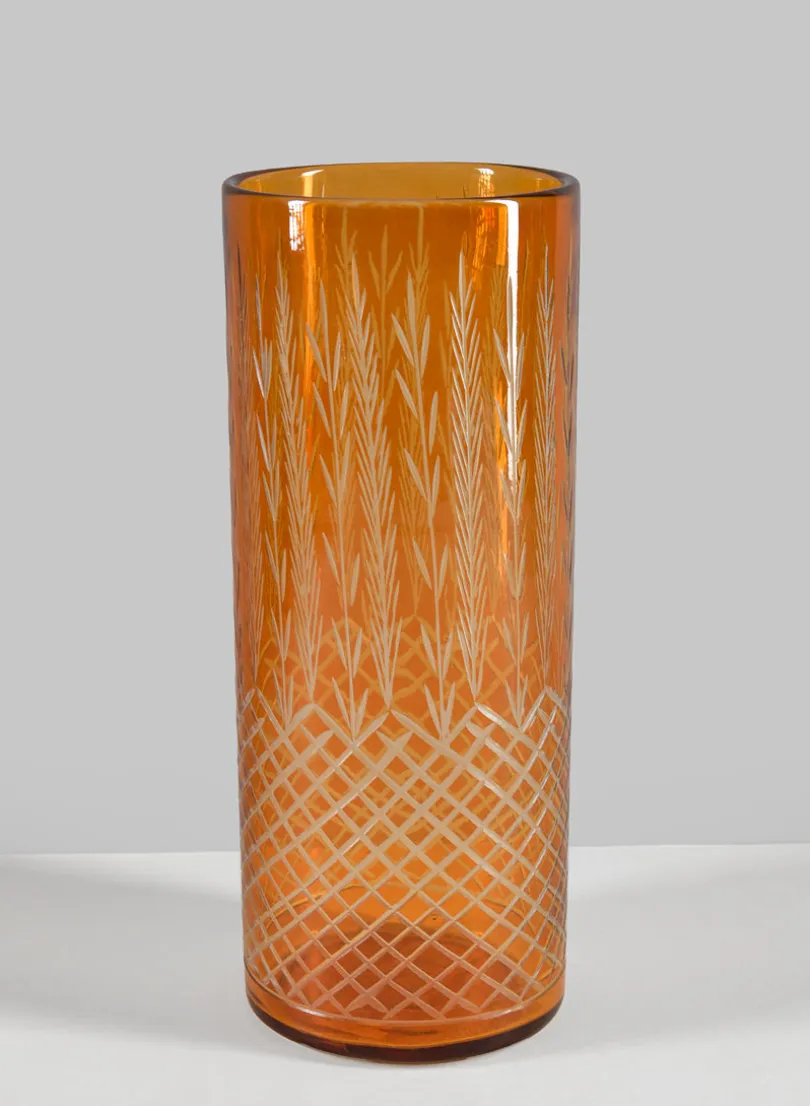 10in Tall Almira Palm Amber Cut Work Cylinder Glass Vase