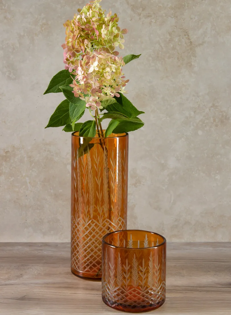 10in Tall Almira Palm Amber Cut Work Cylinder Glass Vase