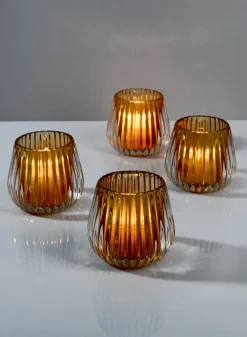3in Tall Amber Onion Optic Glass Candleholder, Set of 4