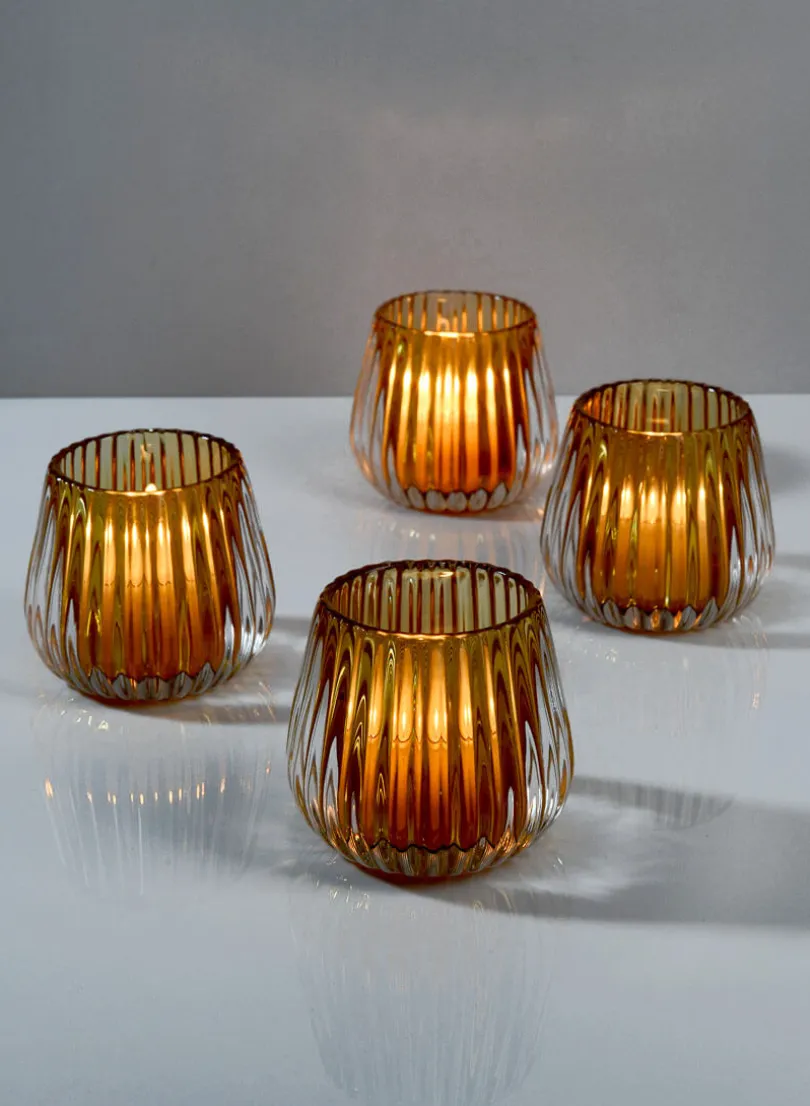 3in Tall Amber Onion Optic Glass Candleholder, Set of 4
