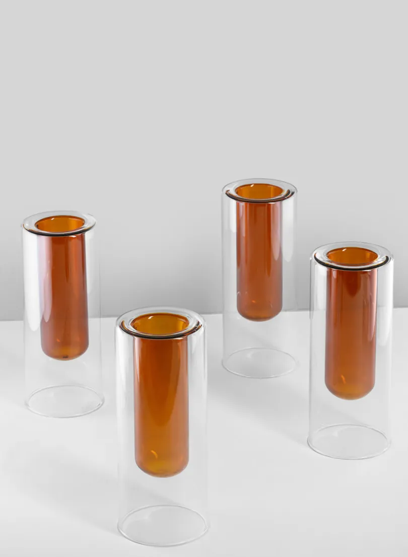 6.25in Tall Amber Pasteur Dual Tone Small Tube Glass Vase, Set of 4