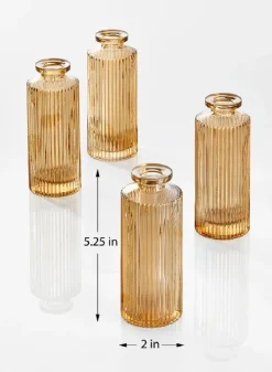5.25in Tall Amber Pleated Glass Bottle Bud Vase, Set of 4