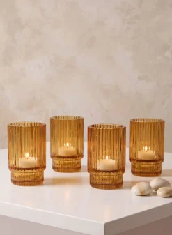 3.75in Tall Amber Pleated Glass Votive Holder, Set of 4
