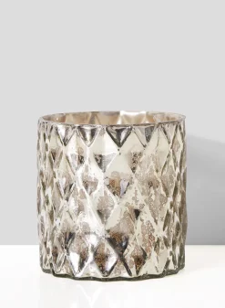 5in Tall Antique Silver Diamond Glass Cylinder