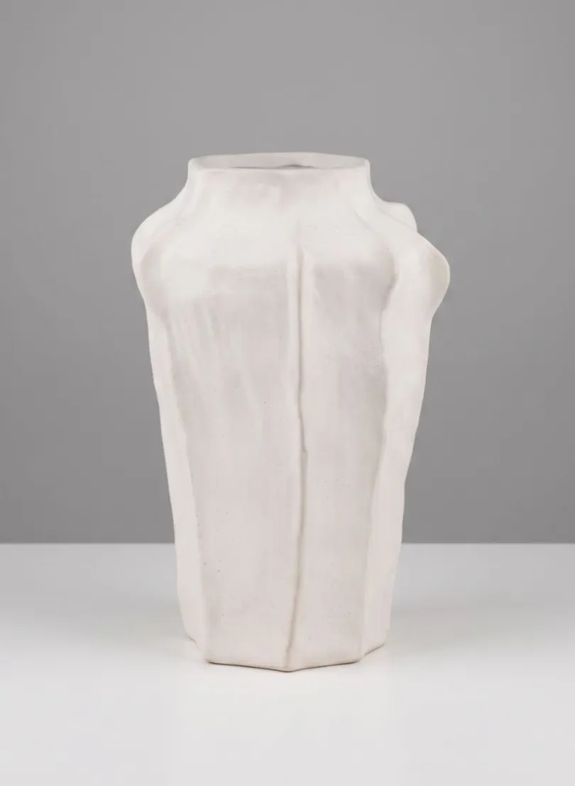 17in Tall Argamon Sand White Ceramic Deco Vase