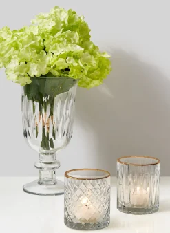 7.25in Tall Arrow Stripe Etched Trumpet Pedestal Glass Vase