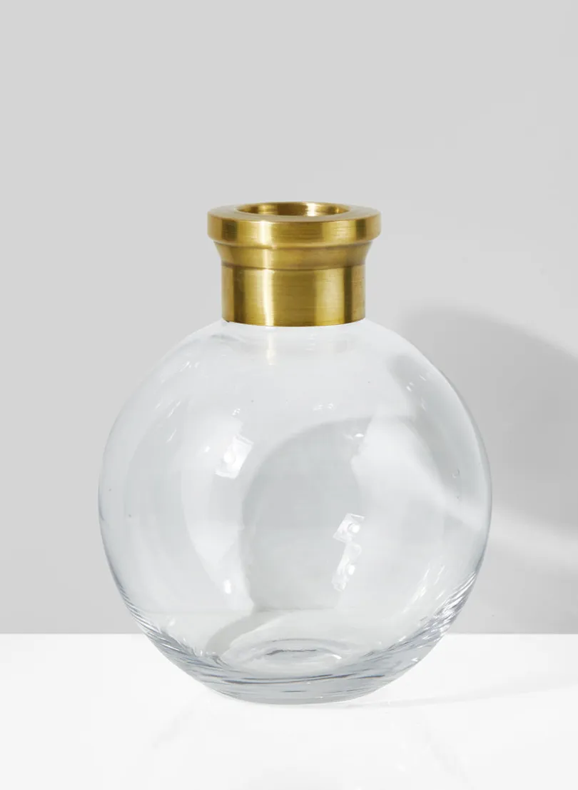 7in Tall Ball Glass Vase with Gold Rim