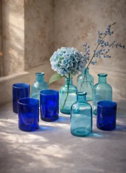 5.25in Tall Blue Medicine Bottle Glass Bud Vases, Set of 6