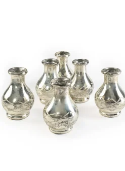 3.75in Tall Cut Work Antique Silver Bottle Glass Vase, Set of 6