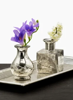 3.75in Tall Cut Work Antique Silver Bottle Glass Vase, Set of 6
