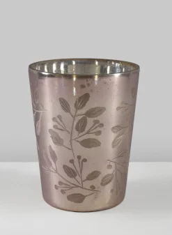 5in Tall Elizha Etched Leaf Burned Silver Glass Holder