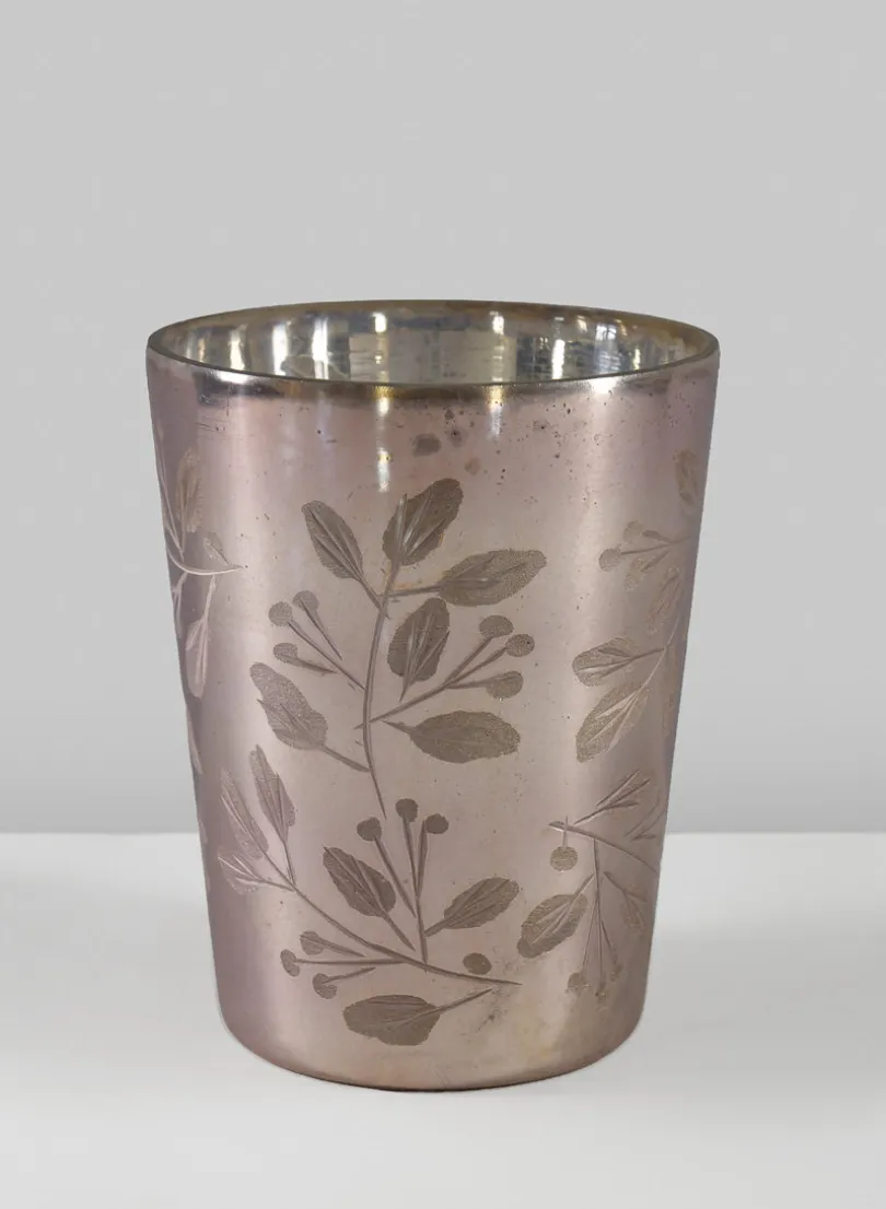 5in Tall Elizha Etched Leaf Burned Silver Glass Holder