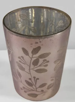5in Tall Elizha Etched Leaf Burned Silver Glass Holder