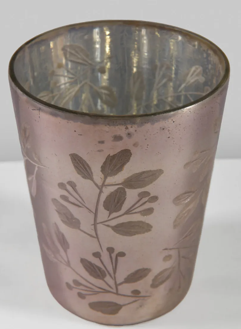 5in Tall Elizha Etched Leaf Burned Silver Glass Holder