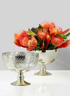 6.5in Tall Etched Leaf Vintage Mercury Glass Bowl
