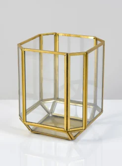 6in Tall Fatemeh Gold Trim Glass Panel Candle Holder