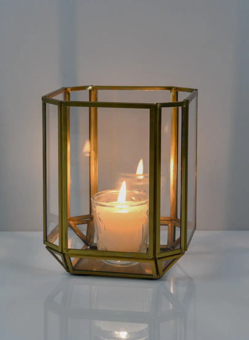 6in Tall Fatemeh Gold Trim Glass Panel Candle Holder