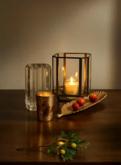 6in Tall Fatemeh Gold Trim Glass Panel Candle Holder