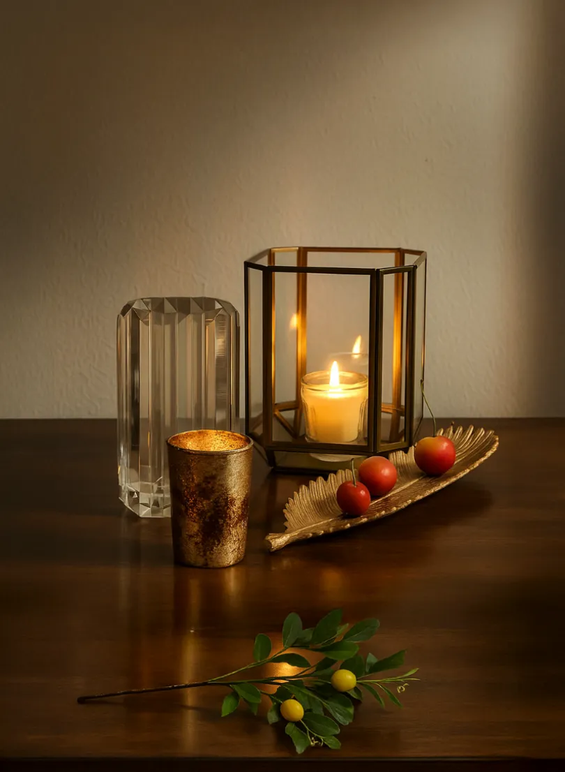 6in Tall Fatemeh Gold Trim Glass Panel Candle Holder