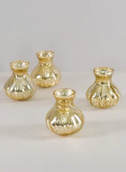 4in Tall Gold Half Crackle Bud Glass Vase, Set of 4