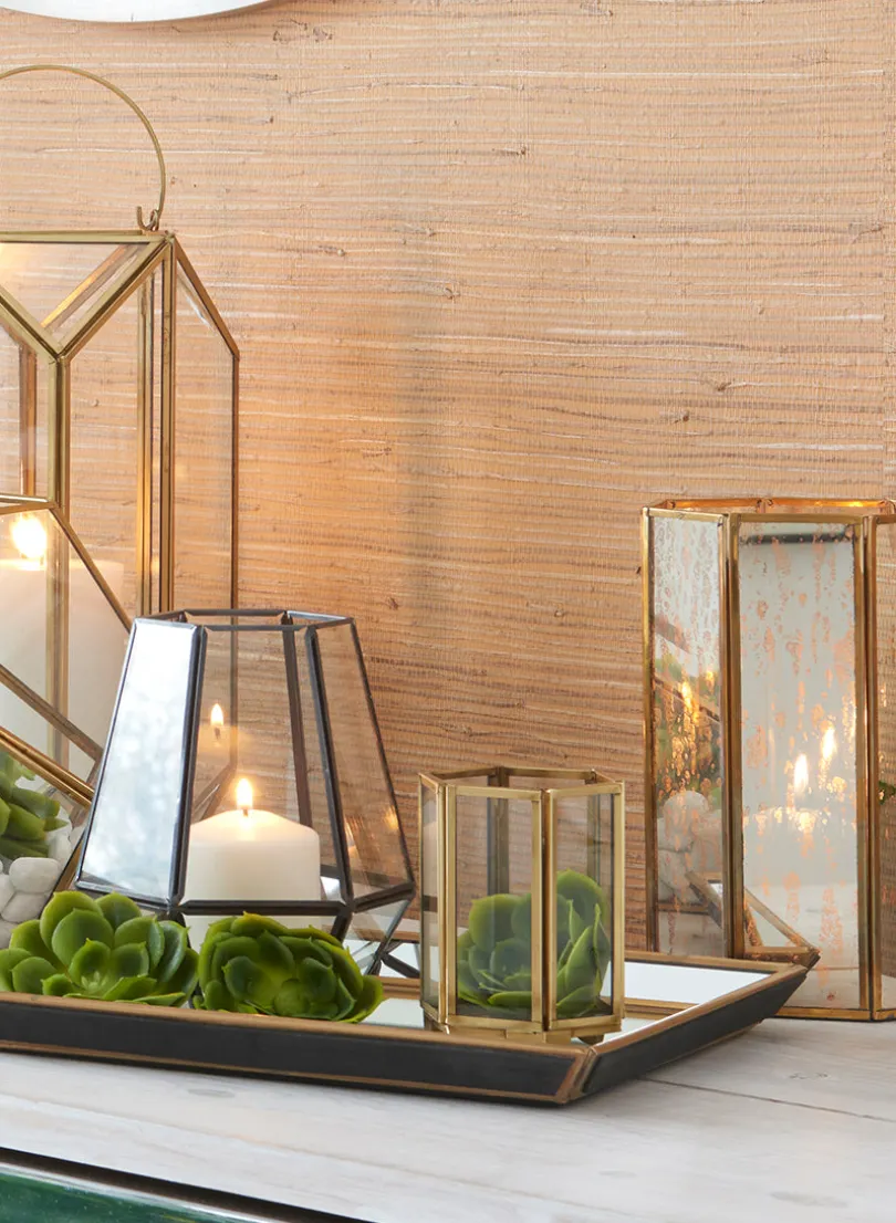 4in Tall Gold Hexagon Glass Tea Light Holder