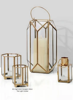 4in Tall Gold Hexagon Glass Tea Light Holder