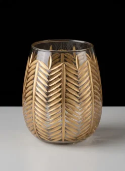 9in Tall Gold Palm Etched Glass Holder