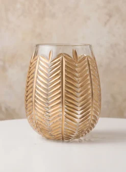 9in Tall Gold Palm Etched Glass Holder