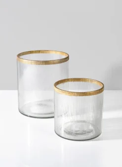 5.5in Tall Gold Rim Ribbed Glass Candle Hurricane