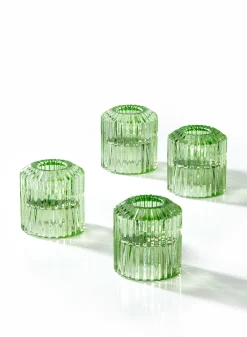 2.25in Tall Green Pleated Glass Tea Light Holder, Set of 4
