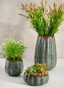 4.5in Tall Grey Glazed Leif Ceramic Cachepot