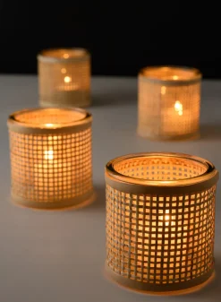 3in Tall Haiphong Cane Weaved Glass Cylinder, Set of 4