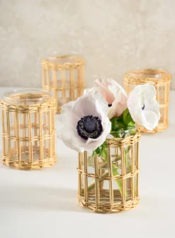 4.5in Tall Halong Cane Weaved Short Glass Cylinder, Set of 4